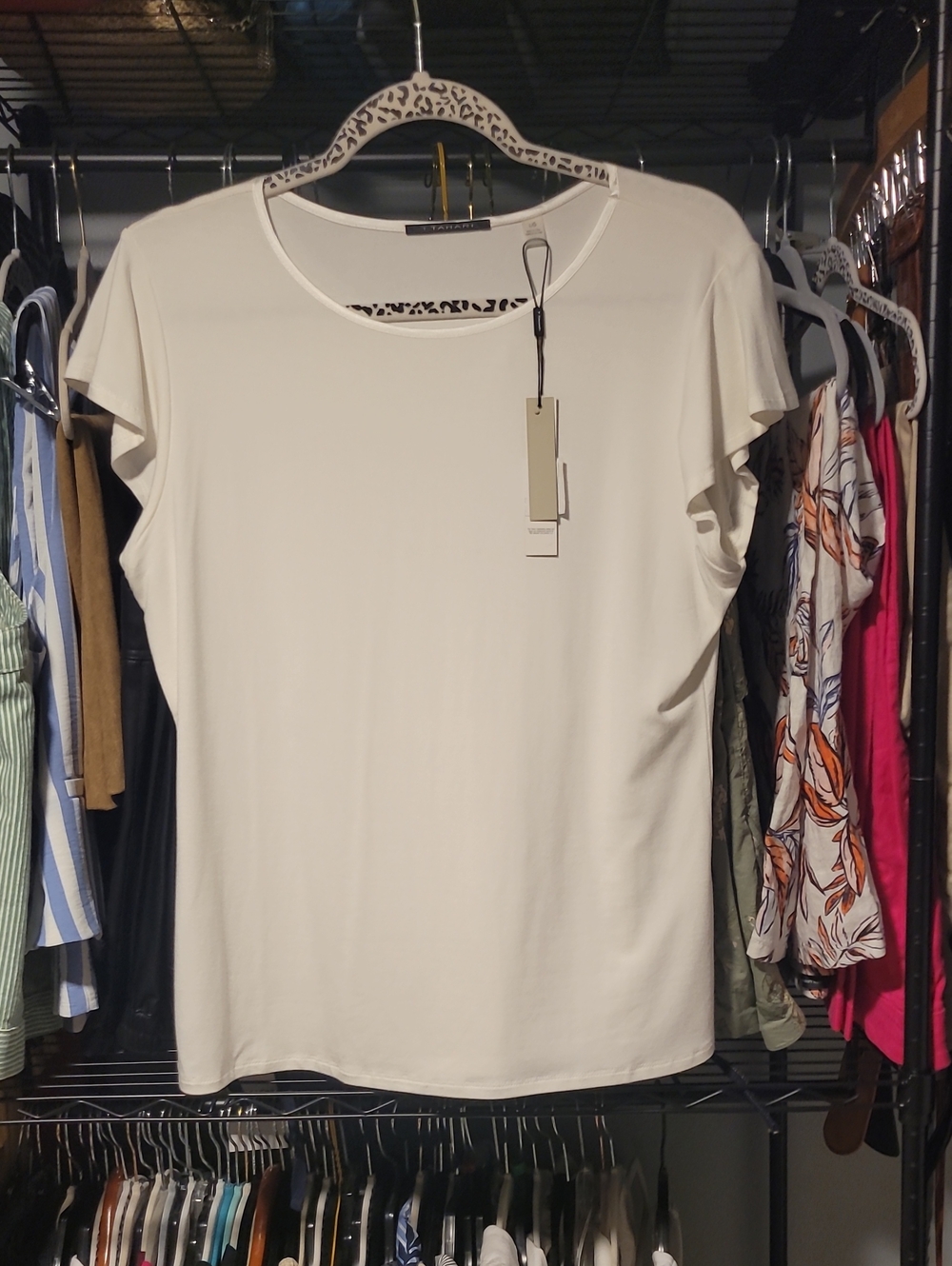 Tahari Cream Short-Sleeve Scoop Neck Top